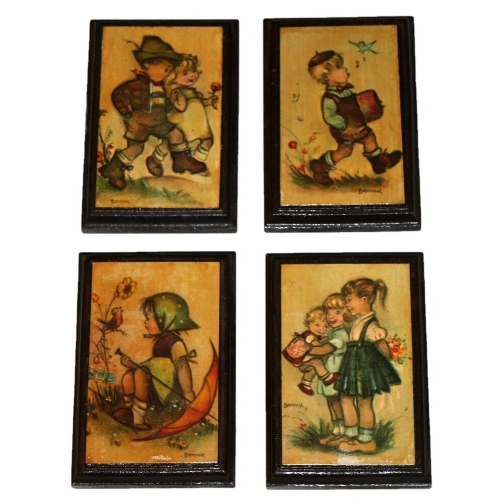 4 Vtg Bonnie Hummel Wood Pictures MCM Decor‎ Core Wall Art Retro Boho 6"x4"